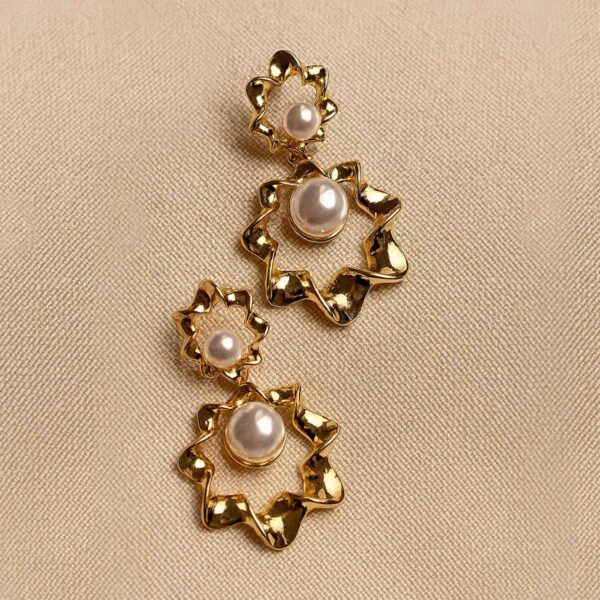 Gold Flower Drop Earrings with Pearl